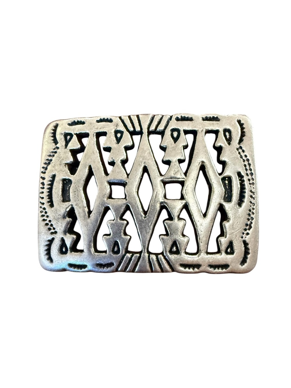 Vintage Sterling-Tone Silver Geometric Cutout Tribal Belt Buckle Rectangular